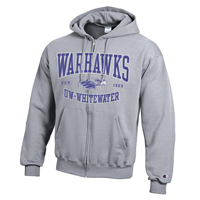 Champion Full Zip Sweatshirt with Distressed Design Warhawks over Mascot and UW-Whitewater