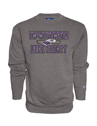Blue 84 Crewneck Sweatshirt UW-Whitewater over Mascot over Rock County Outline Design