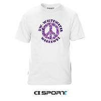 CI Sport T-Shirt with Groovy UW-Whitewater Warhawks Font and Purple Flower Peace Sign