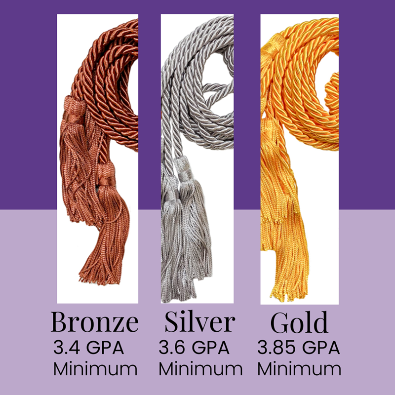 Select Honor Cords 11.1 - 3.4 GPA Bronze, 3.6 GPA Silver, 3.85+ GPA Gold