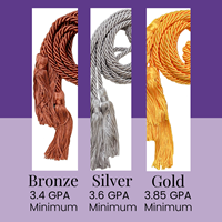 Select Honor Cords 11.1 - 3.4 GPA Bronze, 3.6 GPA Silver, 3.85+ GPA Gold