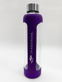 Bottle - Glass with Purple Silicone Mascot next to UW-Whitewater