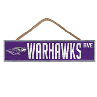 Hanging Sign - Mascot next to Warhawks and Ave