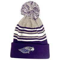 Pom Hat - Striped Design Purple and Tan with Patch Logo