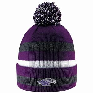 Image of Beanie - Pom Pom WInter Hat Striped Emb Mascot