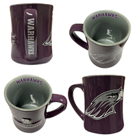 A Diner Mug with Mascot on front, Warhawks on gray inside, Warhawks down handle and Full Uni Logo on back