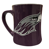 A Diner Mug with Mascot on front, Warhawks on gray inside, Warhawks down handle and Full Uni Logo on back