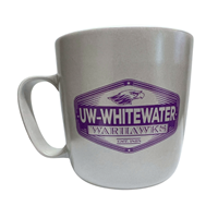 Mug - 18 oz Silver Mug with Purple Badge Design Mascot over UW-Whitewater Warhawks Est. 1868