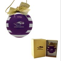 Ornament - Ceramic Engraved Mascot over UW-Whitewater with Purple and White Design in Imprinted Box