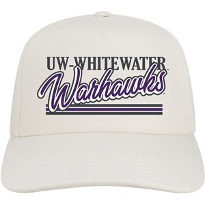 Hat - Legacy White with UW-Whitewater over Cursive Warhawks over Grey and Purple Lines - main view