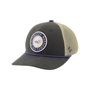 Hat - Zephyn Grey and Tan with Circle Patch UW-Whitewater Warhaks Circling Mascot - main view