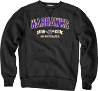 Image of Blue 84 Crewneck Sweatshirt Sanded Fleece Warhawks over Mascot and UW-Whitewater -  black