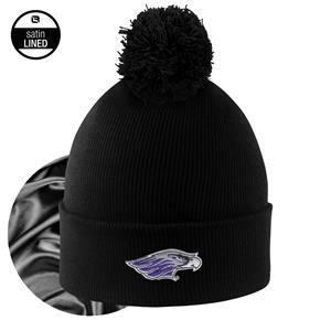 Image of Beanie - Satin Line Pom Pom Winter Hat Emb Mascot -  black