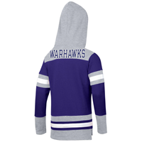 Image of Champion Hooded Sweatshirt Hockey Design with Tackle Twill Lettering UW-Whitewater and Embroidered Mascot -  1