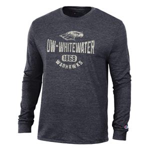 Image of Champion Long Sleeve Triblend Shirt with Mascot over Distressed UW-Whitewater 1868 Warhawks Design