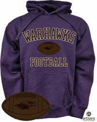 Image of Artisans Hooded Sweatshirt with Embroidered Leather Warhawks over Football with Mascot -  purple