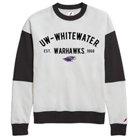 League Crewneck Sweatshirt 2 Tone Design with UW-Whitewater arched over Est. Warhawks 1868 and Mascot