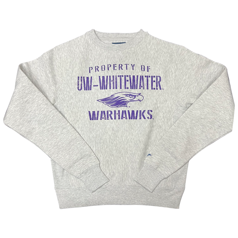 Blue 84 Crewneck Sweatshirt Property of UW-Whitewater over Mascot and Warhawks (SKU 106770013)