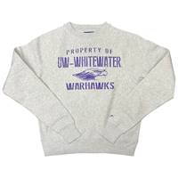 Blue 84 Crewneck Sweatshirt Property of UW-Whitewater over Mascot and Warhawks