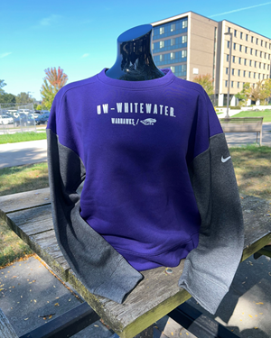 Image of Nike Crewneck Sweatshirt Women's UW-Whitewater over Warhawks and Mascot with Grey Sleeves