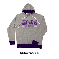 CI Sport Hooded Sweatshirt Colored Cuffs and Hood with UW-Whitewater over Warhawks and Mascot