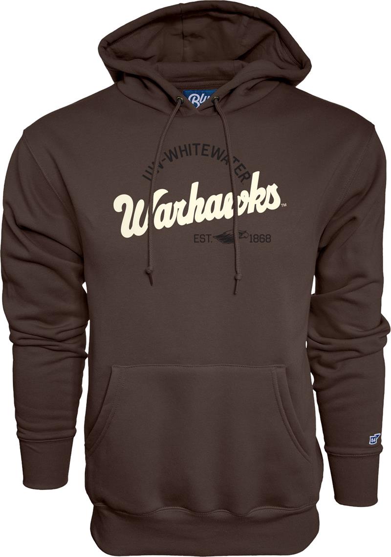 Blue 84 Hooded Sweatshirt UW Whitewater arched over Embroidered Felt Warhawks over Est. 1868 UW Whitewater Bookstore