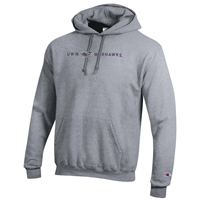 Champion Hooded Sweatshirt with Embroidered UWW next to Mascot and Warhawks