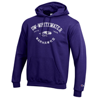 Champion Hooded Sweatshirt with UW-Whitewater arched over Mascot Estd. 1868 and Warhawks
