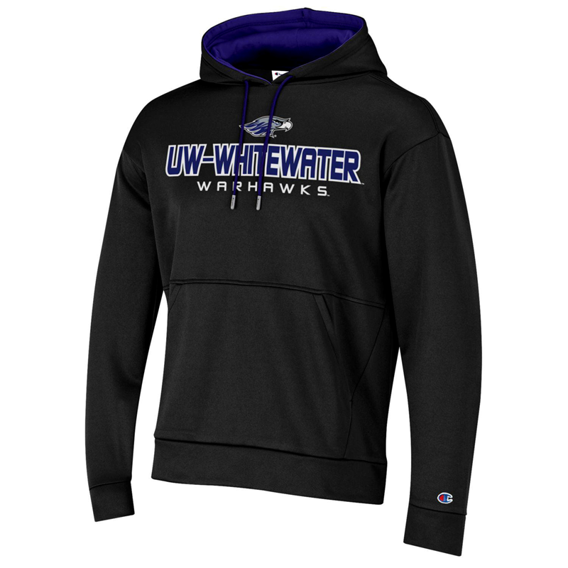 Champion Athletic Hooded Sweatshirt with Embroidered Mascot, Tackle Twill UW-Whitewater and Embroidered Warhawks