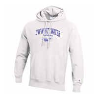Champion Reverse Weave Hooded Sweatshirt with UW-Whitewater arched over Warhawks and Mascot