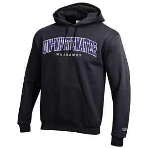 Image of Champion Hooded Sweatshirt with Tackle Twill Lettering UW-Whitewater and Embroidered Warhawks -  black