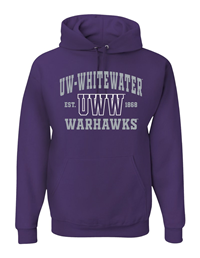 Freedomwear Hooded Sweawtshirt with UW-Whitewater over UWW outline and Warhawks