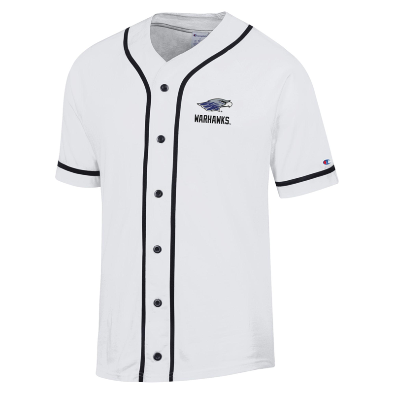 Champion Baseball Button Up Tee with Mascot over Warhawks and Warhawks on Back UW Whitewater Bookstore