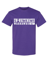 T-Shirt:  UW-Whitewater over Warhawks with Mascot in Rounded Box