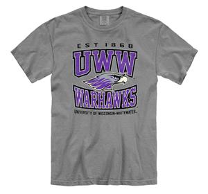 Image of New Agenda Comfort Colors -T-Shirt Established 1868 UWW Mascot over Warhawks with University of Wisconsin-Whitewater -  grey