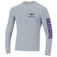 Champion Long Sleeve Shirt with Mascot over UW-Whitewater on front, Warhawks on sleeve, UW-Whitewater Warhawks and Mascot on bac