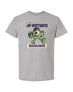 Image of Blue 84 T-Shirt Monsters Inc. with Established 1868 over UW-Whitewater Warhawks