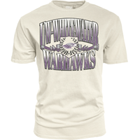 Blue 84 T-Shirt with UW-Whitewater over Warhawks with Shield Wreath Design