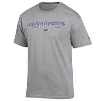 Champion T-Shirt with UW-Whitewater over Warhawks and Mascot with Lines