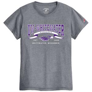 Image of League T-Shirt UW-Whitewater Warhawks in Ribbon over Mascot -  grey