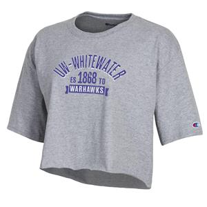 Image of Champion Women's Cropped T-Shirt with UW-Whitewater over Established 1868 over Warhawks in banner -  ash
