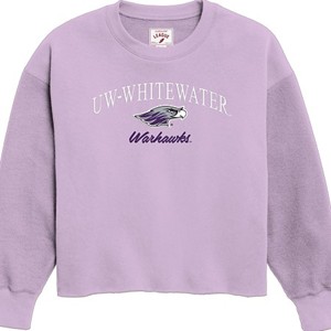 League Lilac Cropped Crewneck with UW-Whitewater over Mascot over Cursive Warhawks - main view