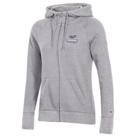 Women's Full Zip Hooded Sweatshirt with Embroidered Mascot over banner UW-Whitewater and Warhawks